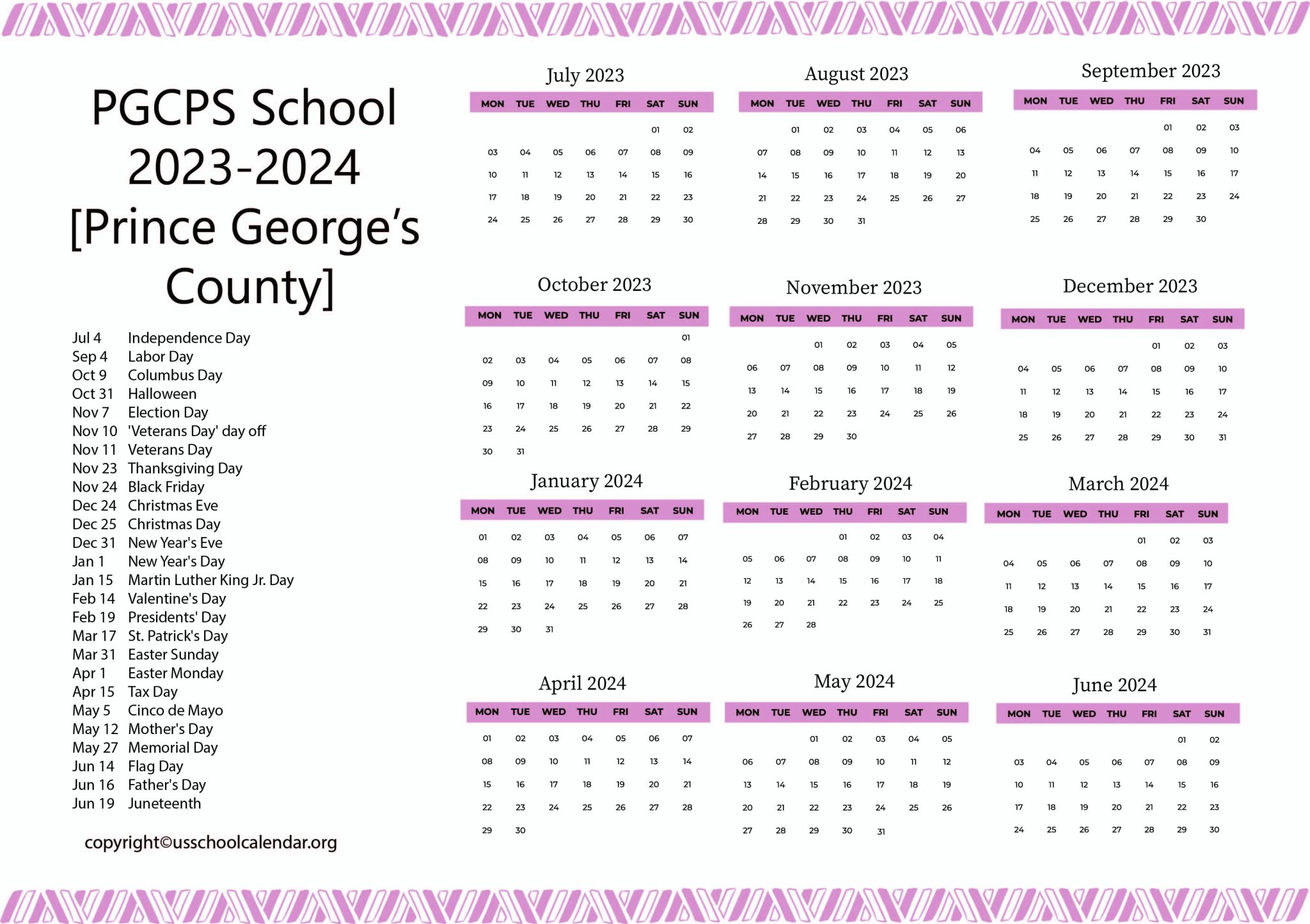 PGCPS School Calendar for 20232024 [Prince County]