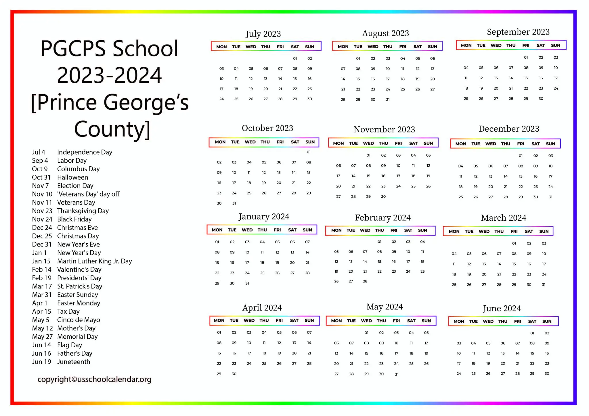 PGCPS School Calendar for 20232024 [Prince County]