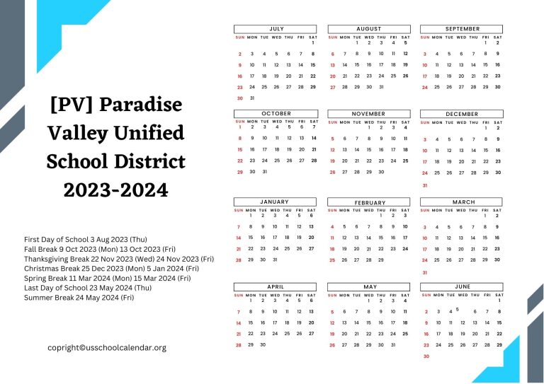 PV Paradise Valley Unified School District Calendar for 2023 2024