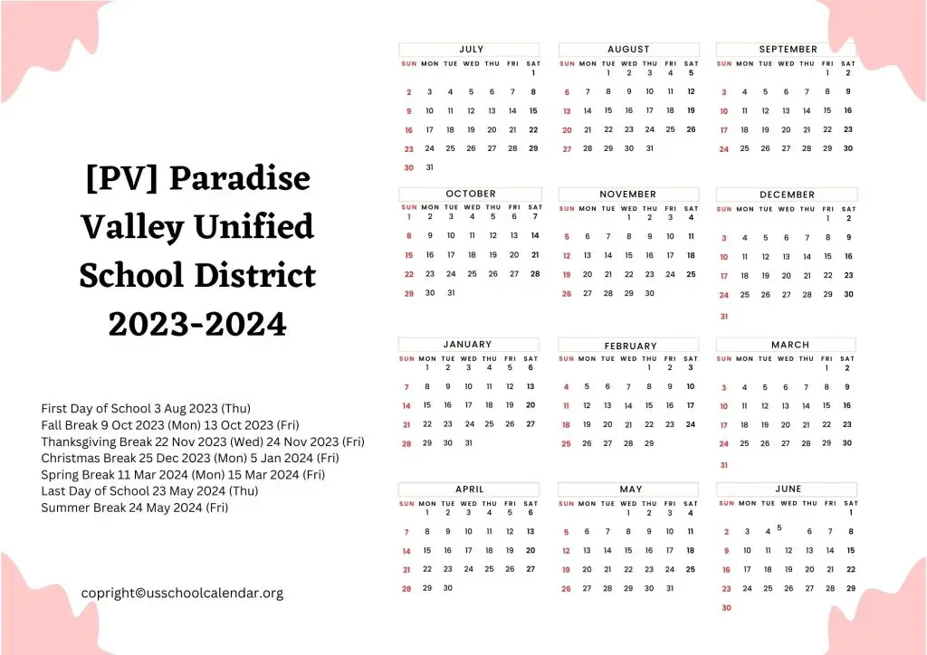 Paradise Valley Unified School District Calendar