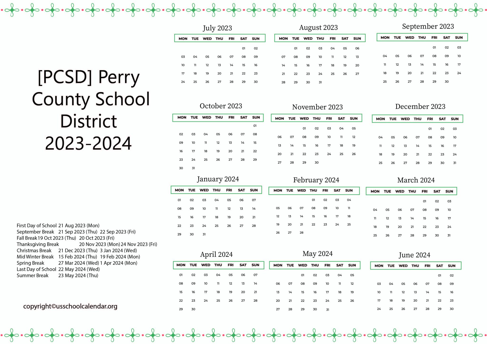 [PCSD] Perry County School District Calendar Holidays 20232024