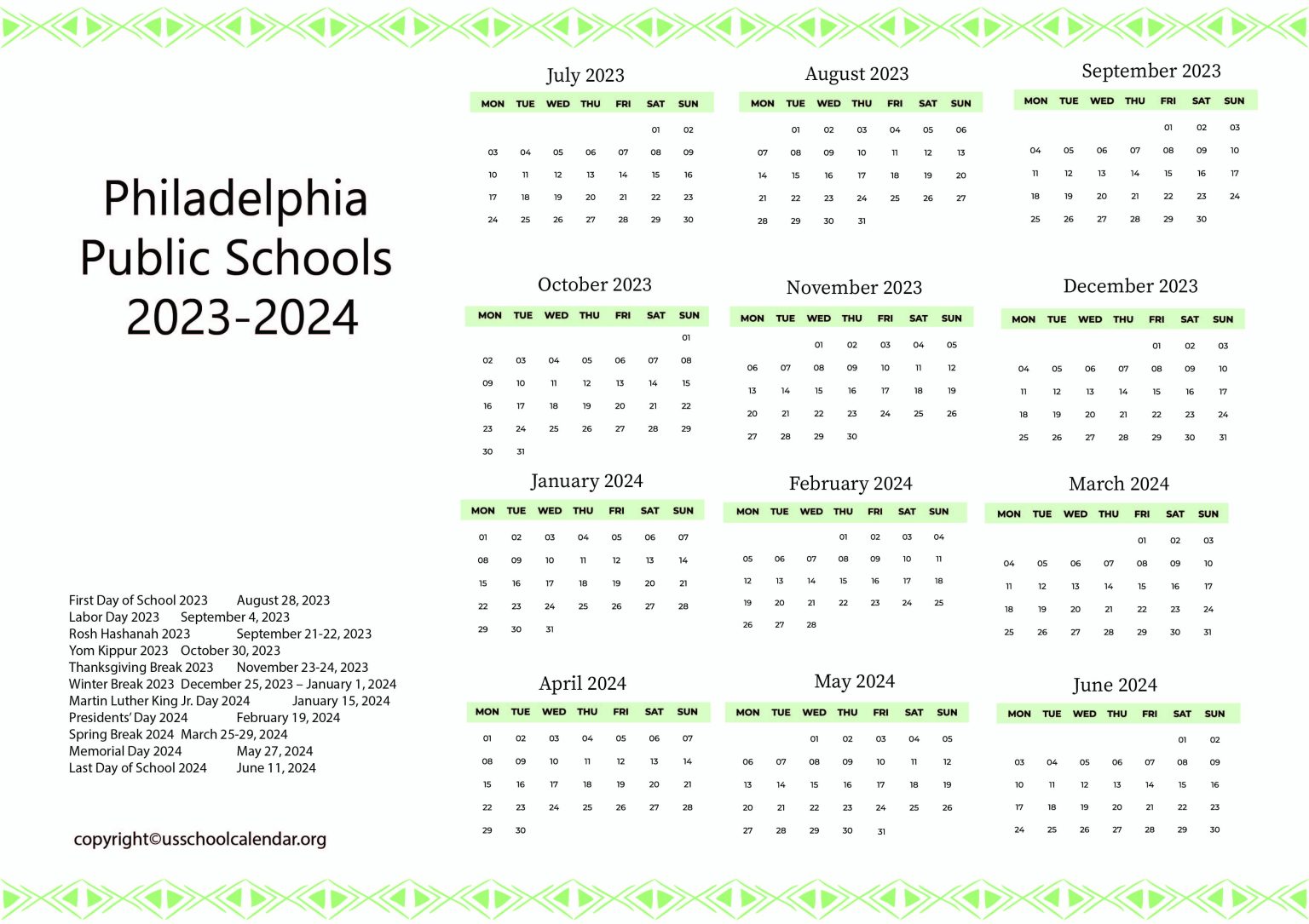 Philadelphia Public Schools Calendar with Holidays 20232024