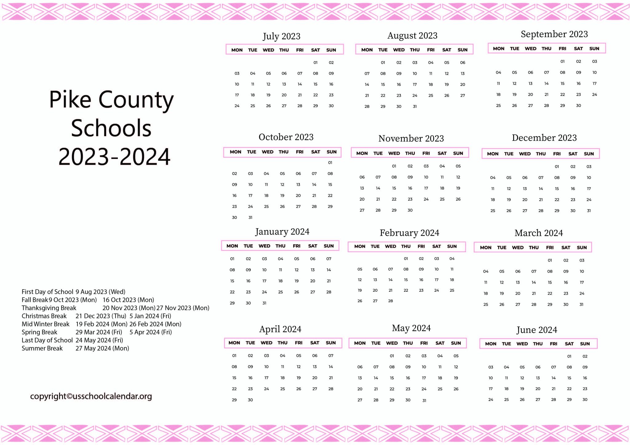 Pike County Schools Calendar with Holidays 20232024