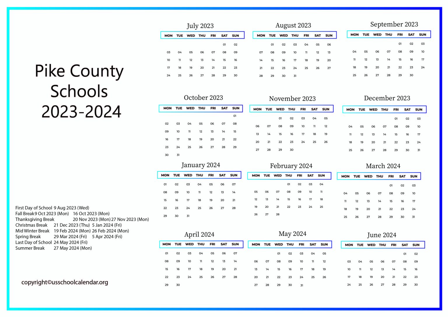 Pike County Schools Calendar with Holidays 20232024