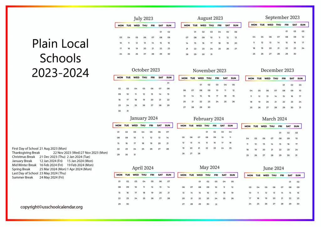 Plain Local Schools Calendar