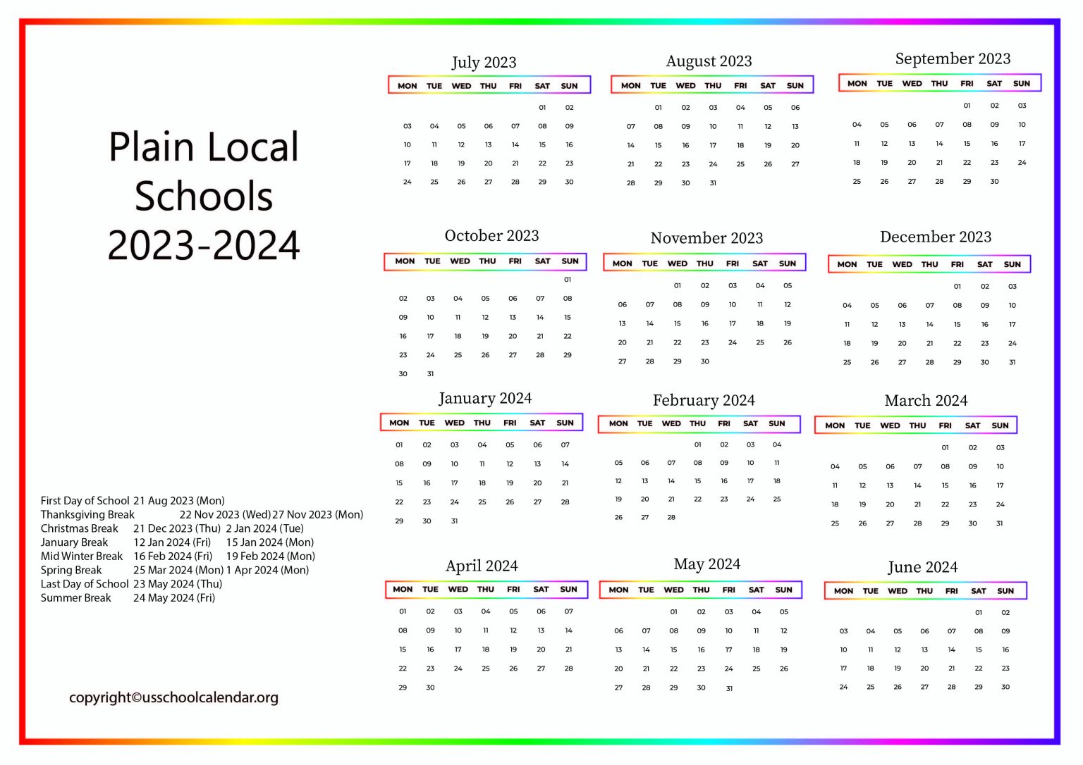 Plain Local Schools Calendar with Holidays 2023-2024