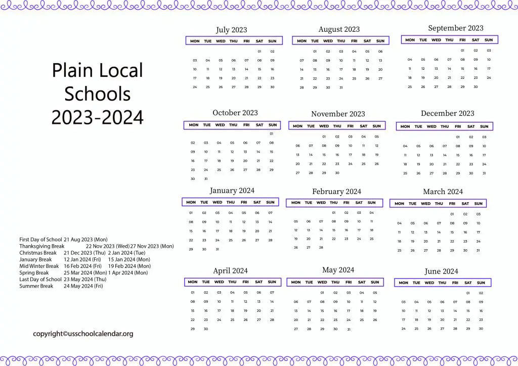 Plain Local Schools District Calendar