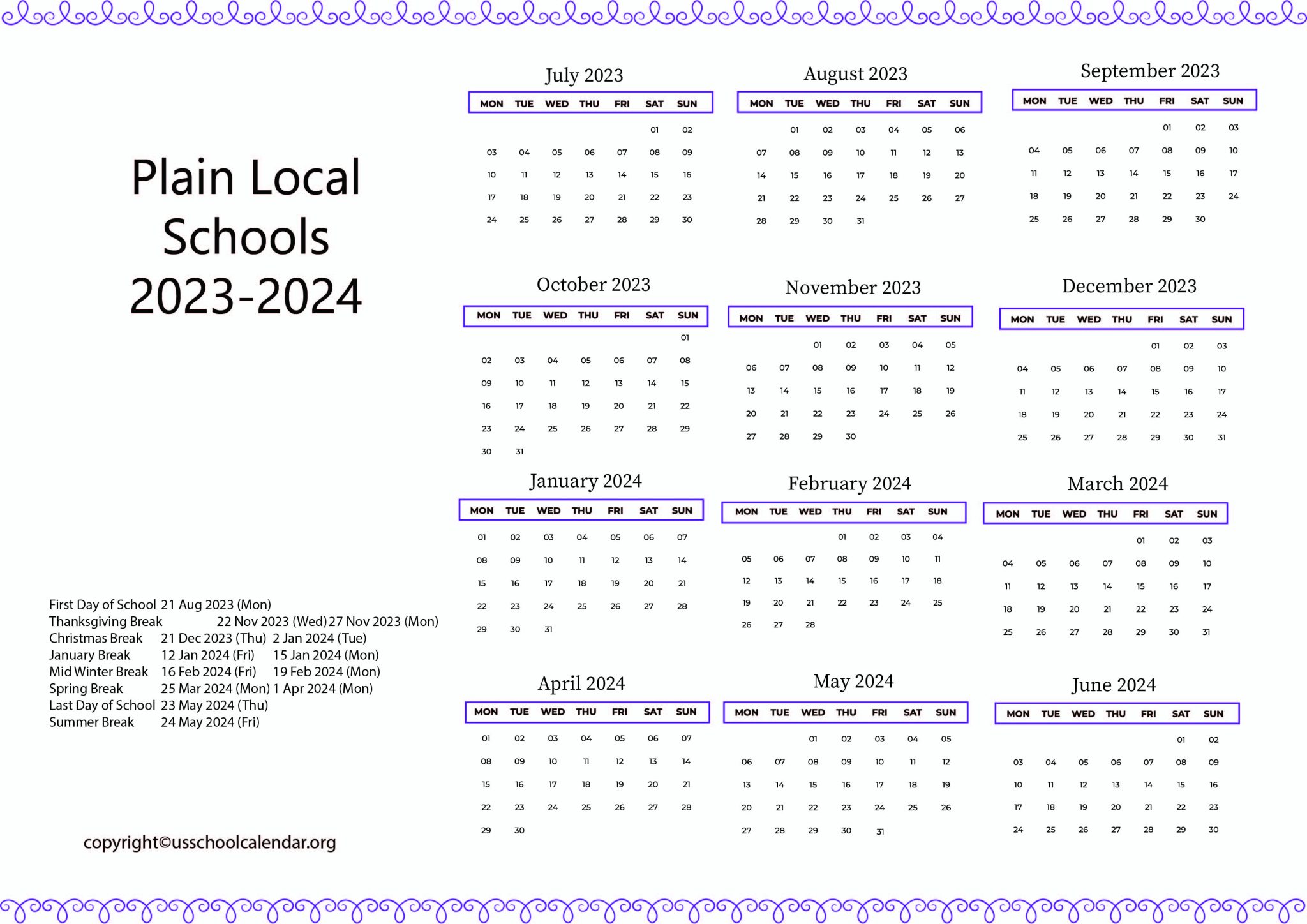 Plain Local Schools Calendar with Holidays 20232024