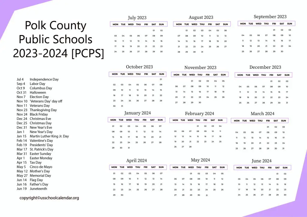Polk County Public Schools Holiday Calendar