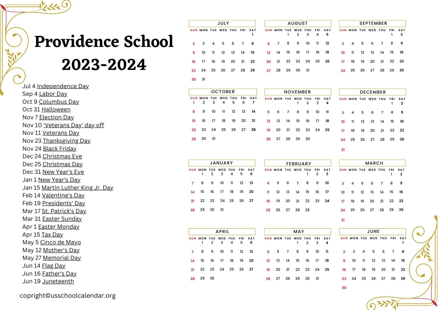 Providence School Calendar With Holidays 2023 2024