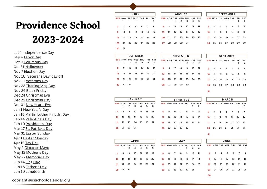 Providence School Calendar