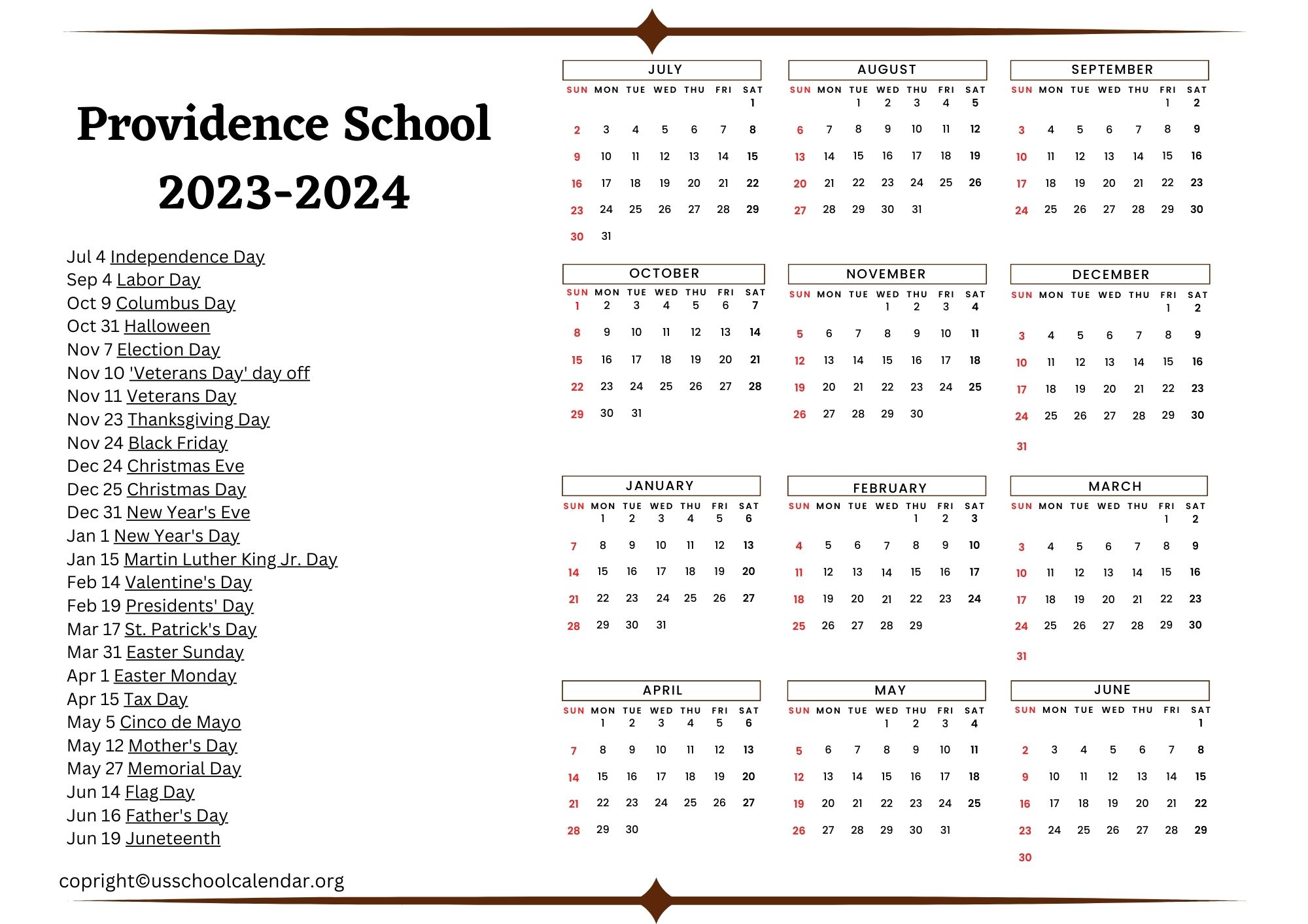 Providence School Calendar with Holidays 2023 2024