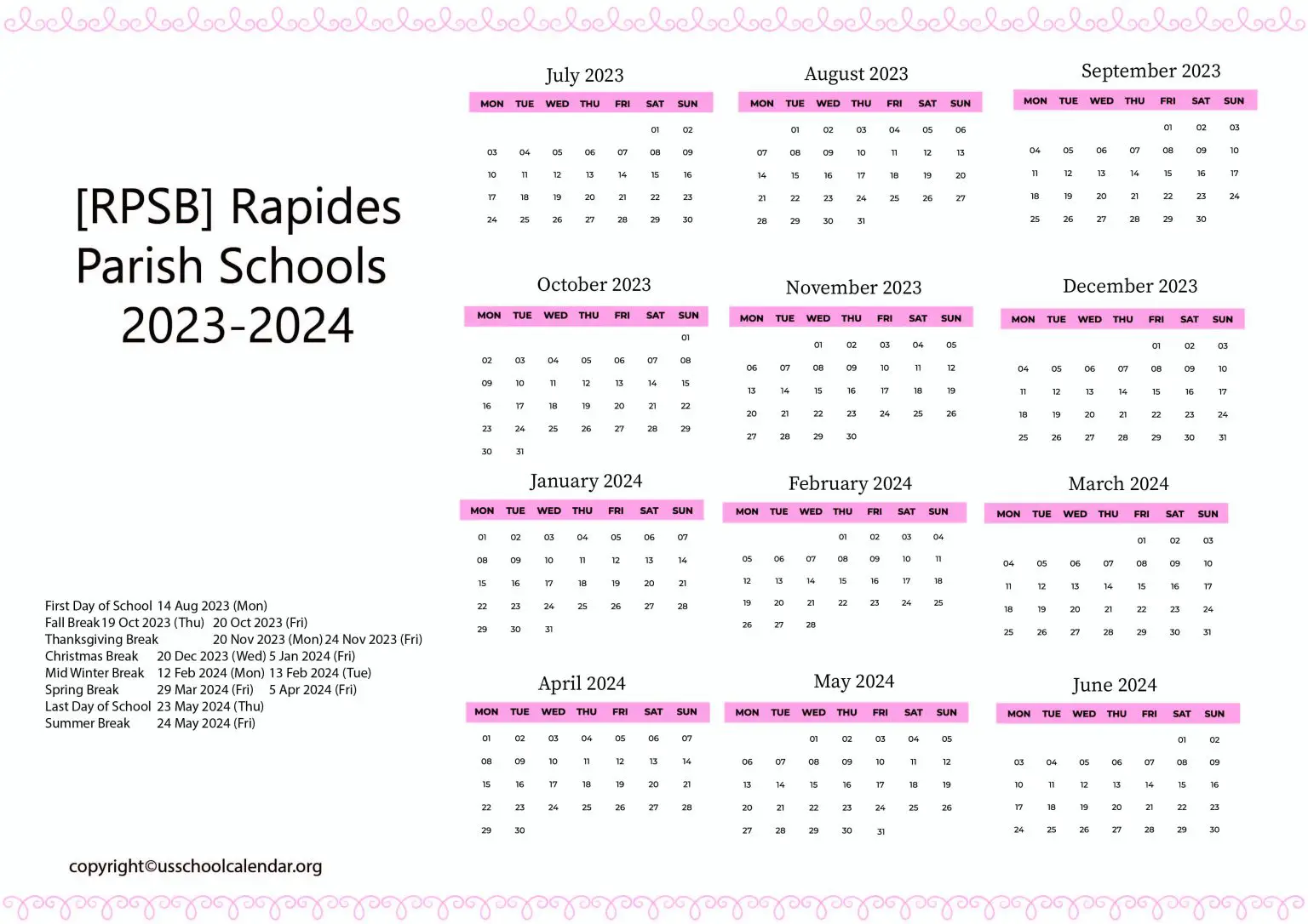 [RPSB] Rapides Parish Schools Calendar with Holidays 2023-2024