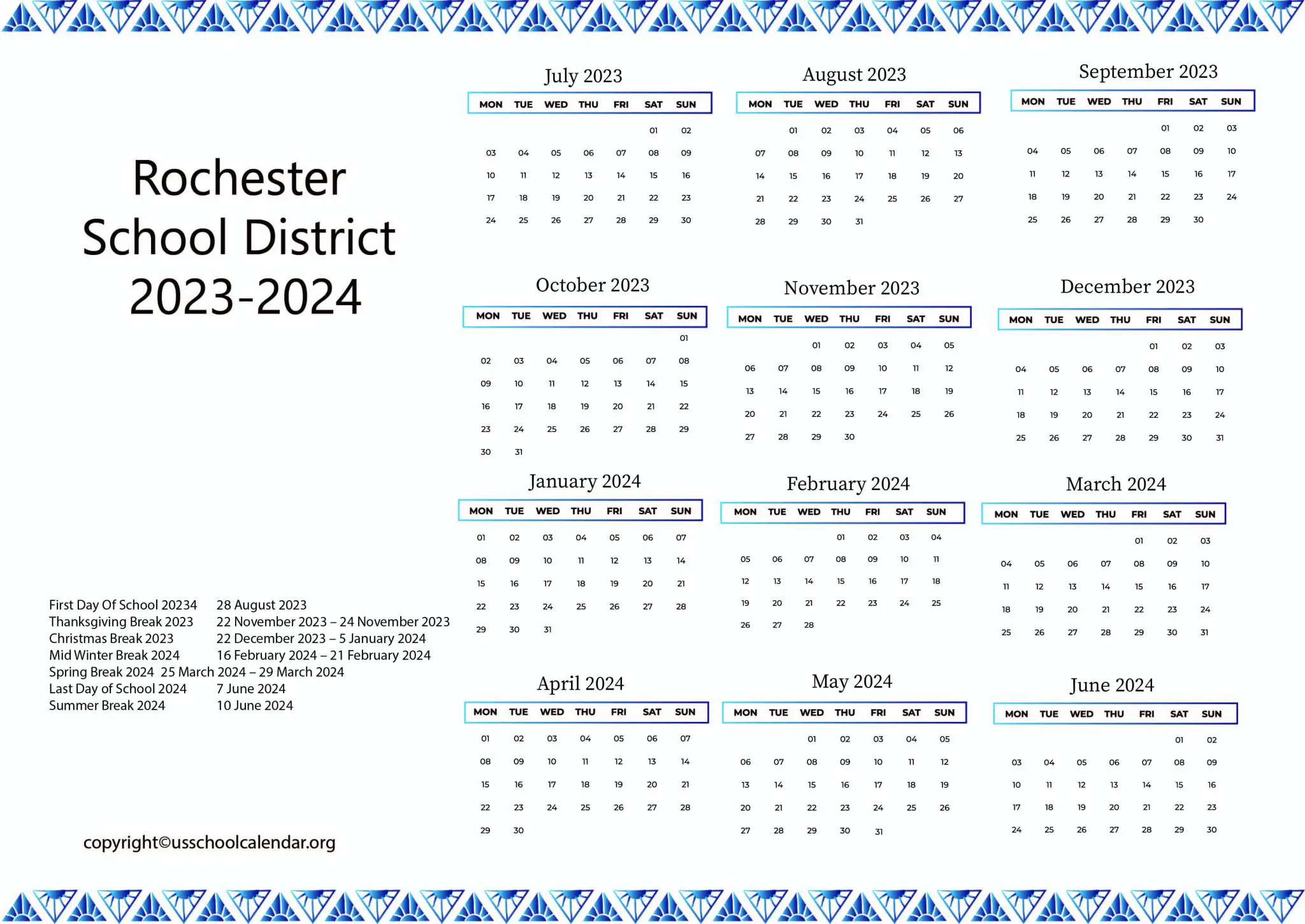 Rochester School District Calendar with Holidays 2023 2024