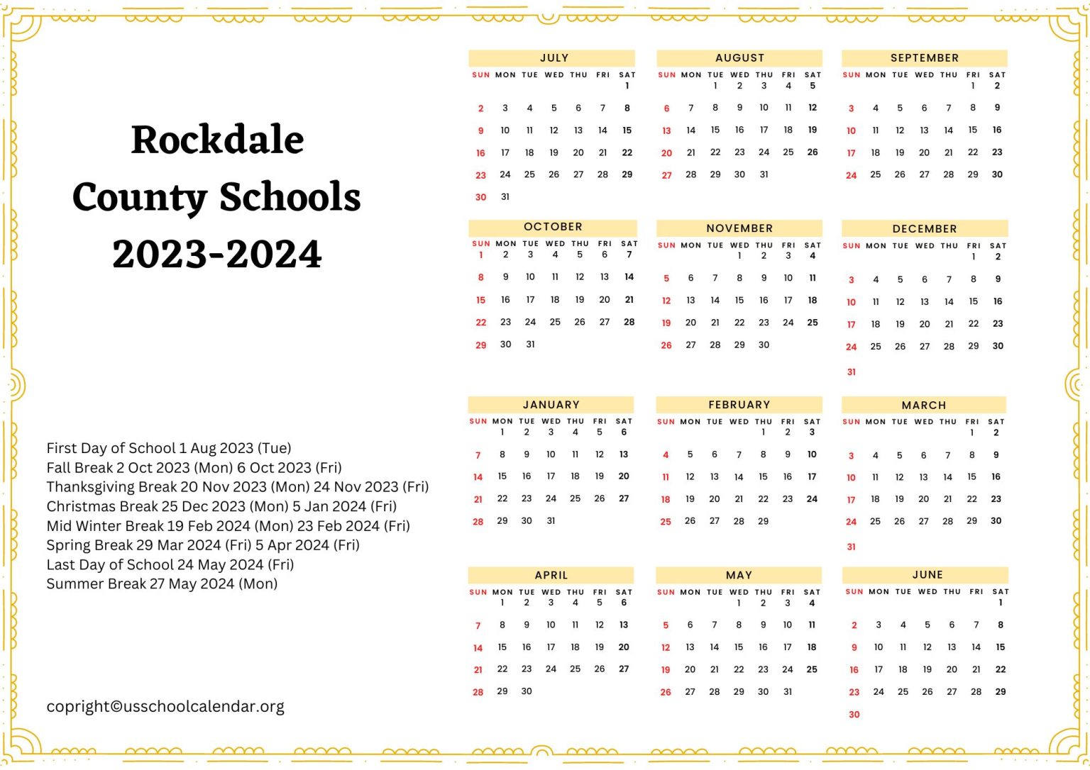 Rockdale County Schools Calendar with Holidays 20232024