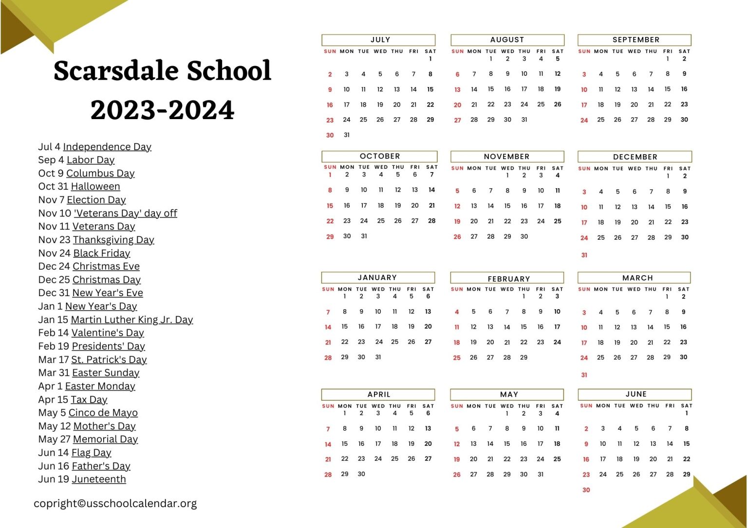 Scarsdale School Calendar with Holidays 20232024