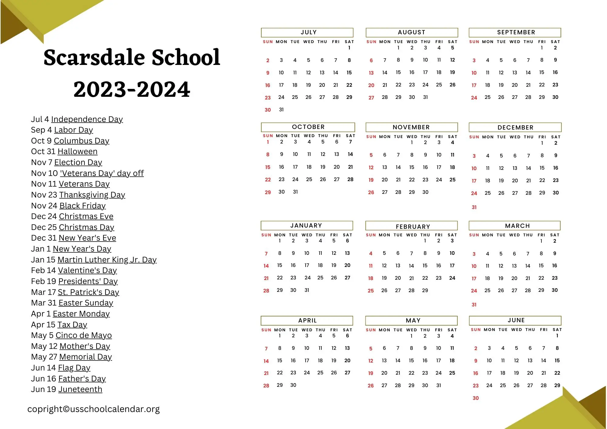 Scarsdale School Calendar with Holidays 20232024