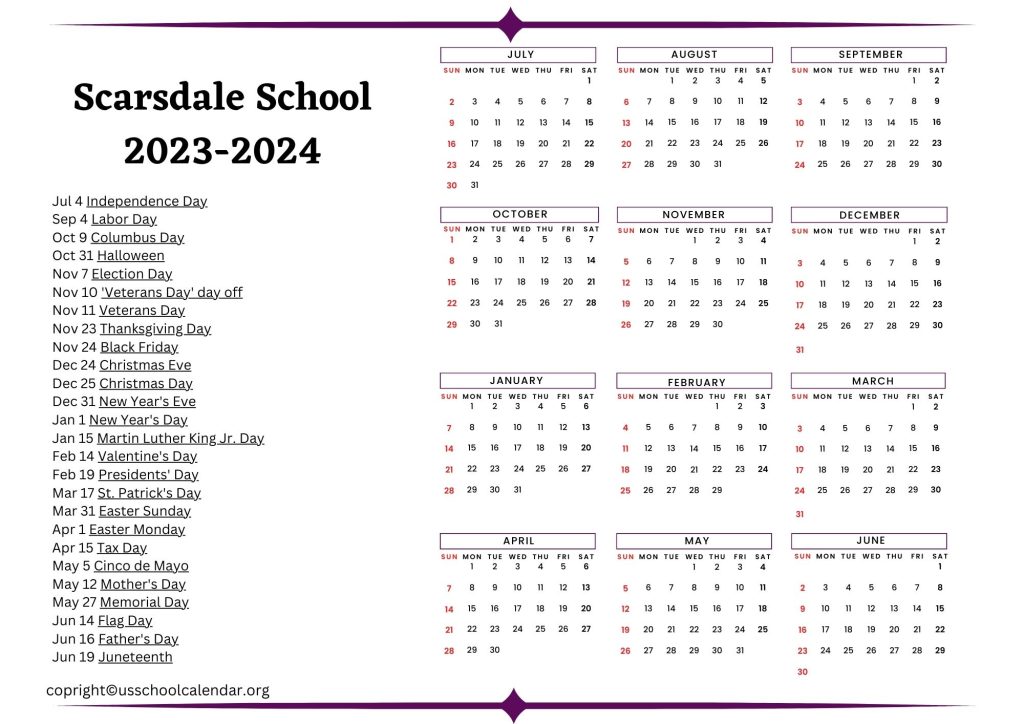 Scarsdale Union Free School District Calendar