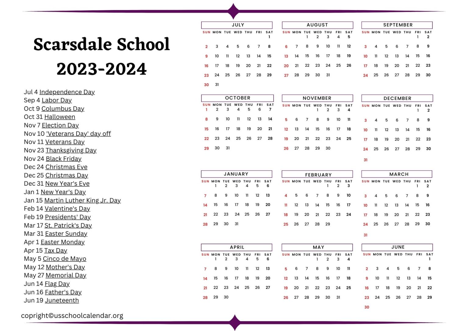 Scarsdale School Calendar with Holidays 20232024