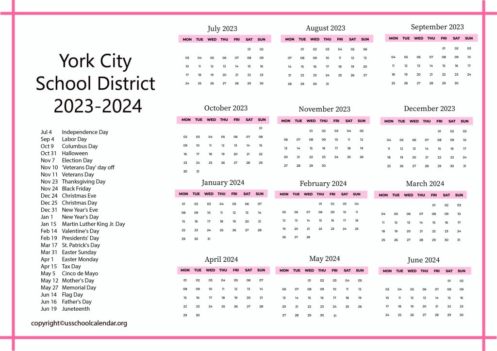 School District of the City of York Calendar