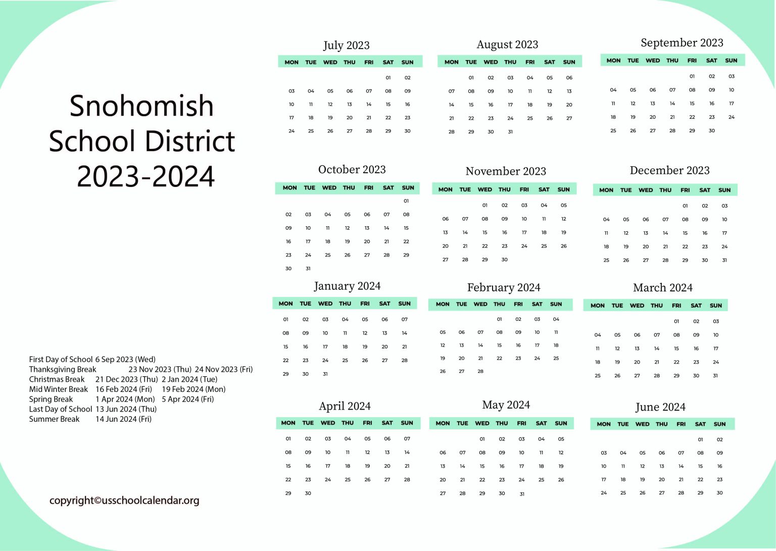 Snohomish School District Calendar with Holidays 20232024