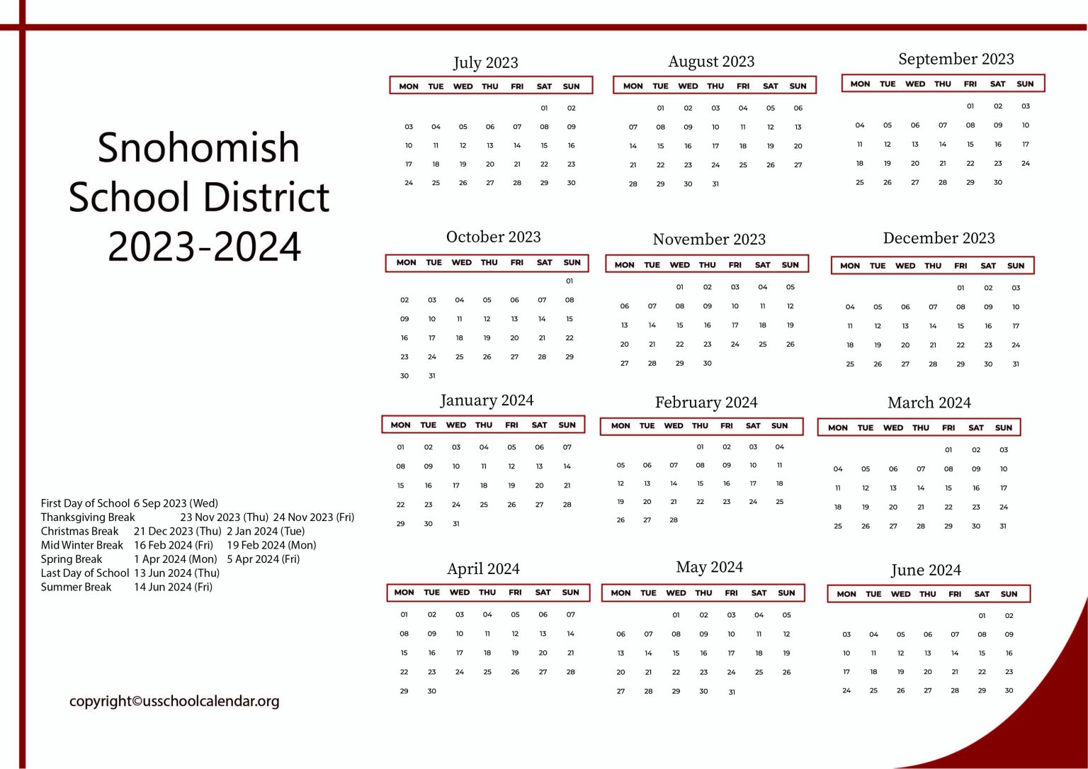 Snohomish School District Calendar with Holidays 20232024