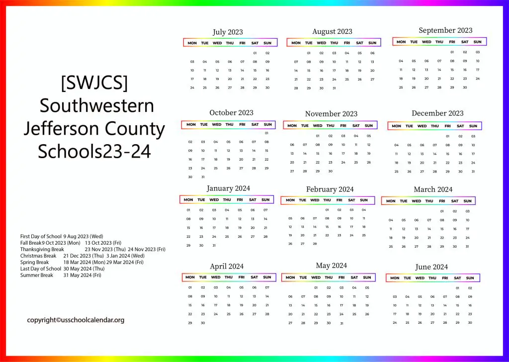 South Jefferson School District Calendar