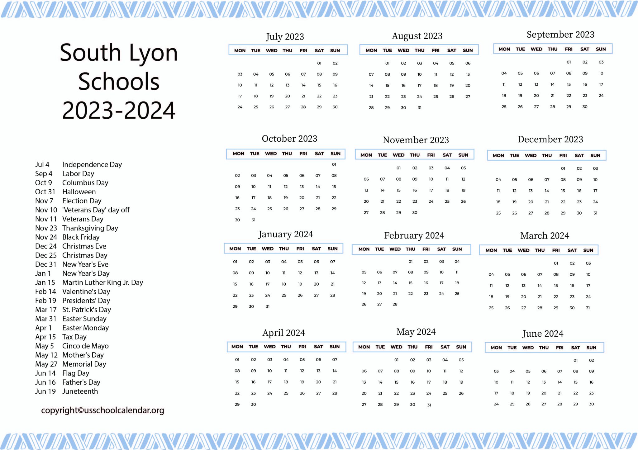 South Lyon Schools Calendar with Holidays 20232024