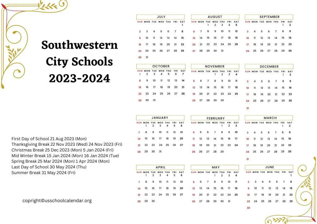 Southwestern City Schools Calendar