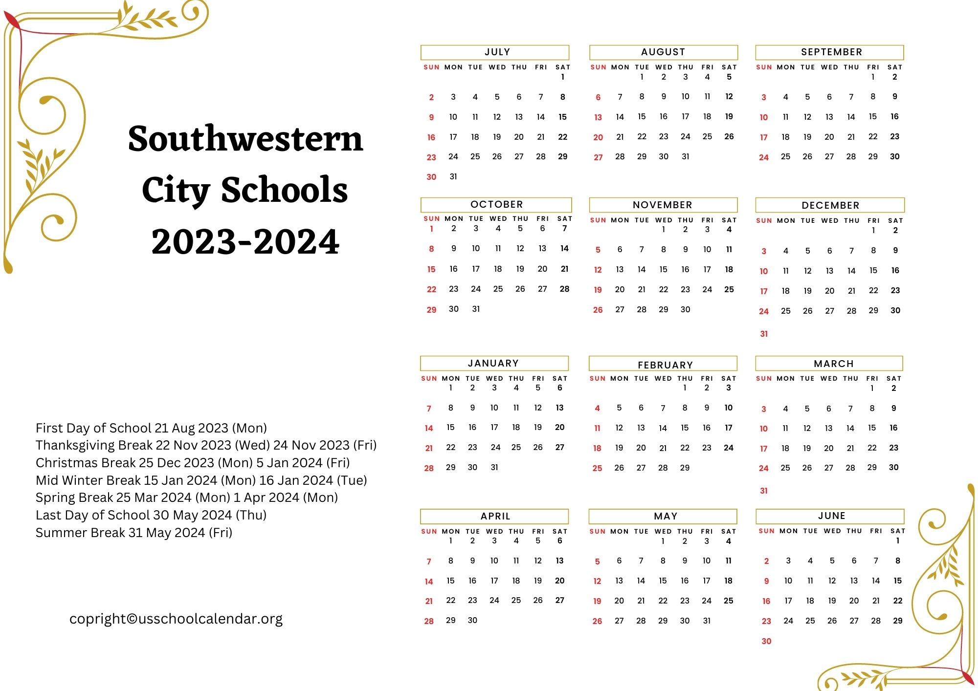 Southwestern City Schools Calendar with Holidays 20232024