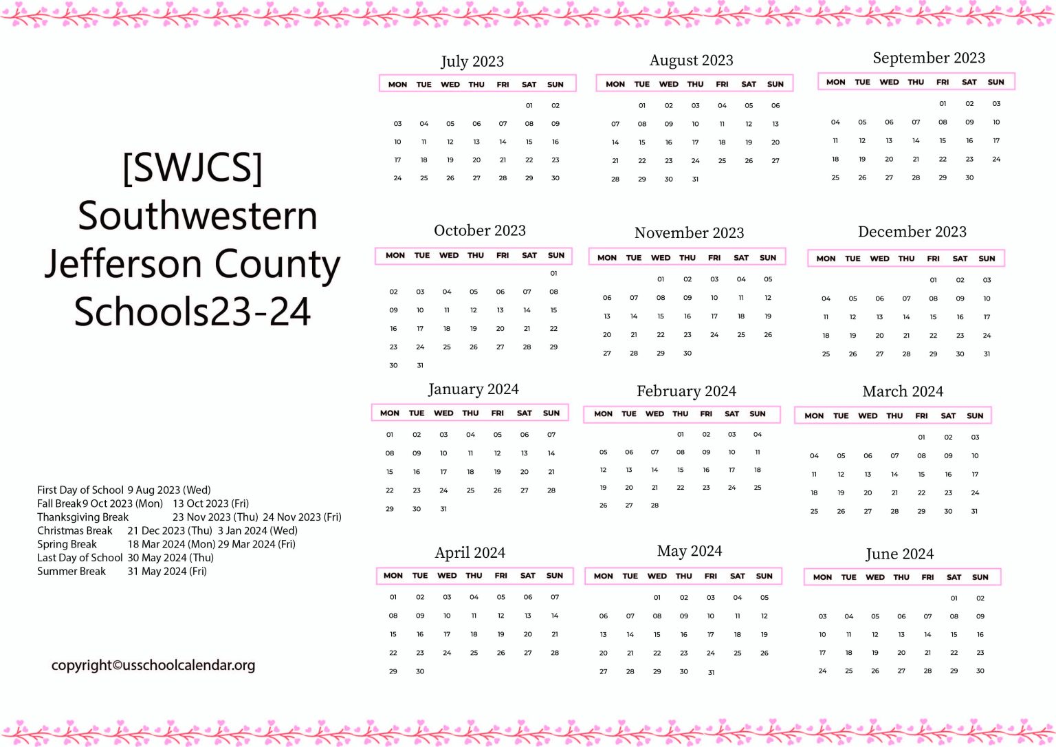 [SWJCS] Southwestern Jefferson County Schools Calendar 2324