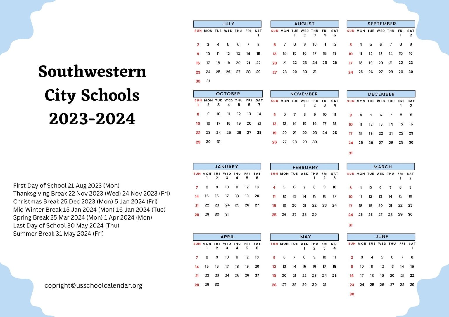 Southwestern City Schools Calendar with Holidays 20232024