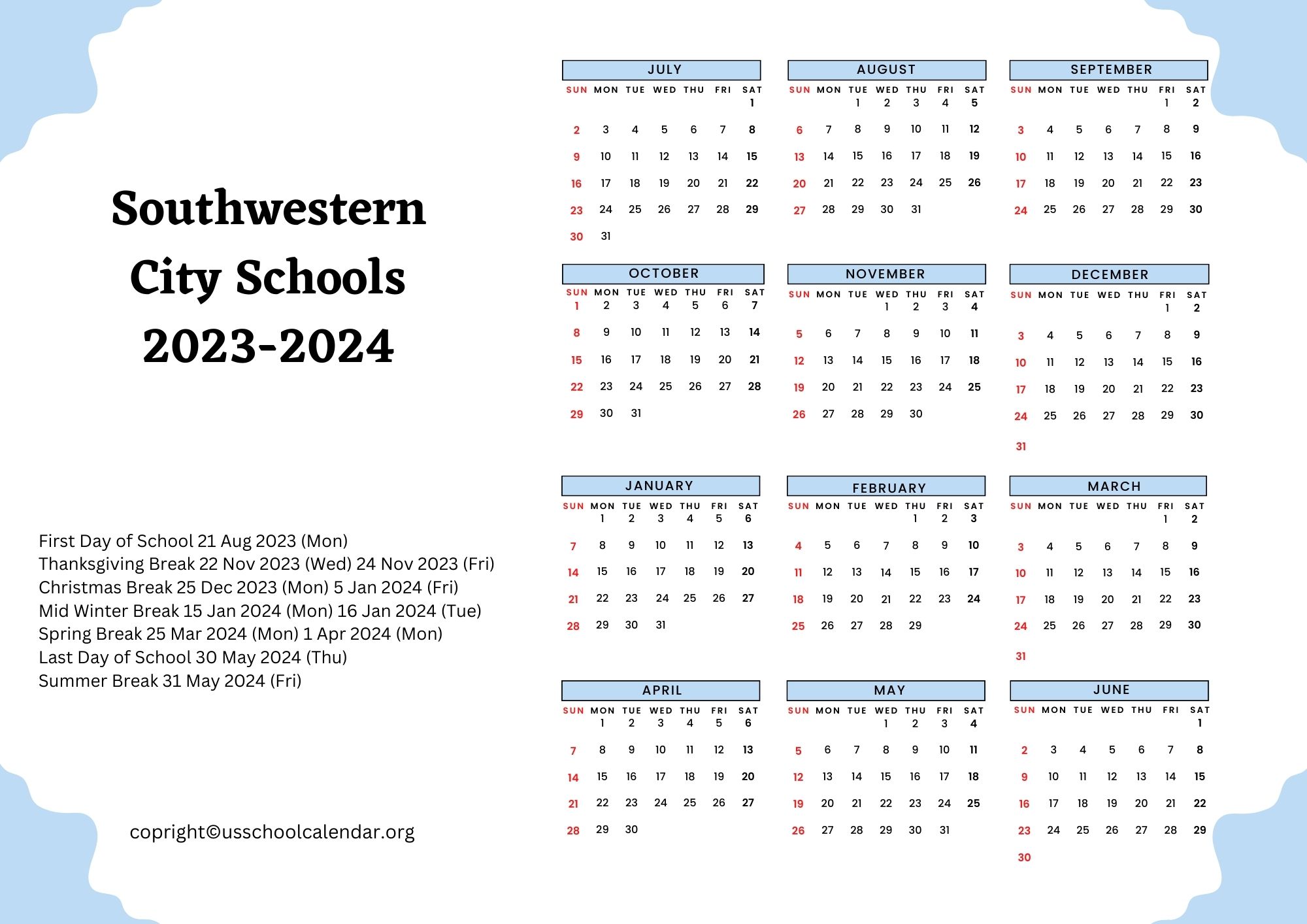 Southwestern City Schools Calendar with Holidays 20232024