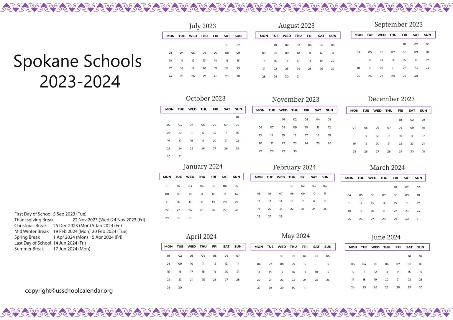 Spokane Schools Calendar with Holidays 20232024