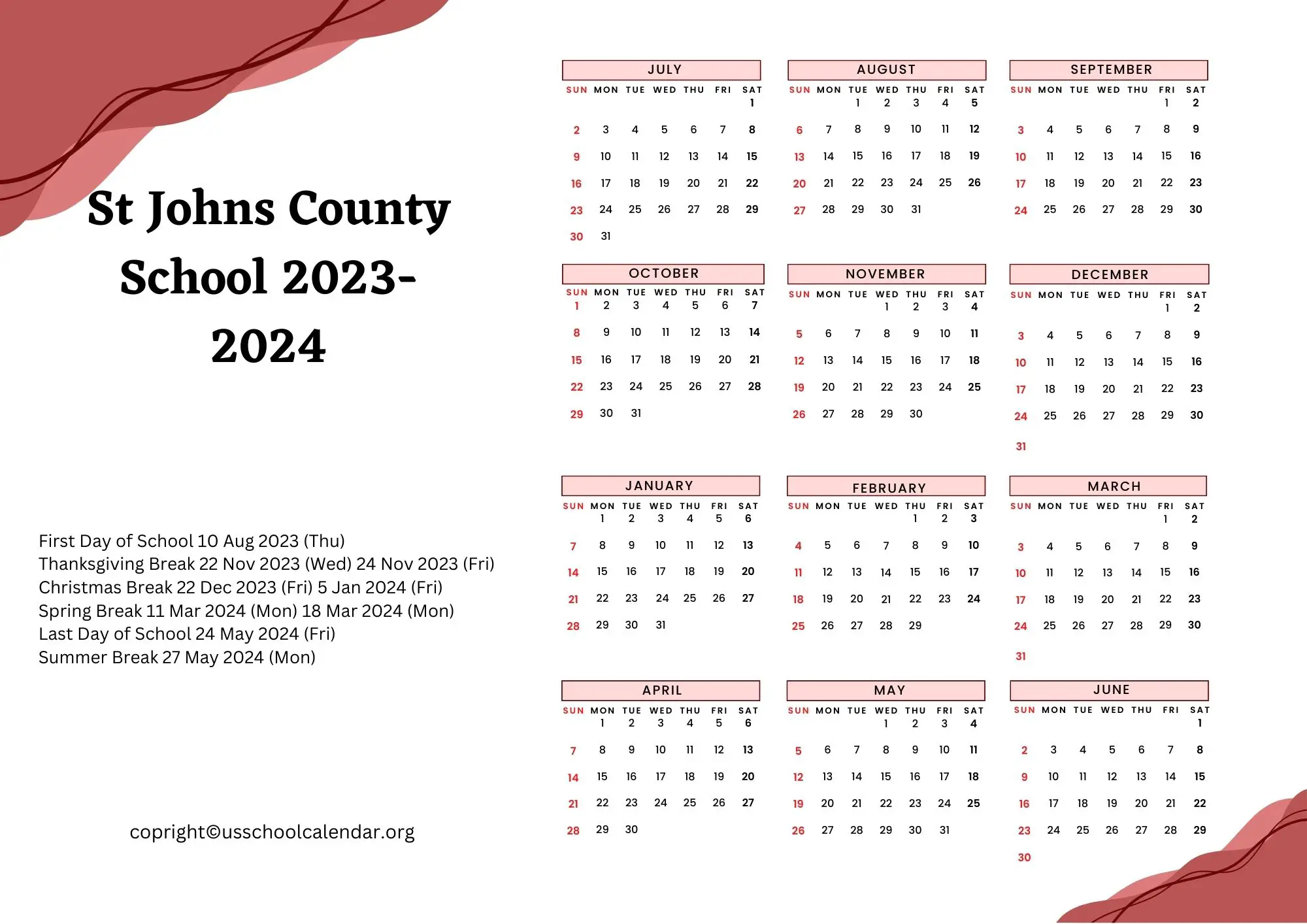 St Johns County School Calendar with Holidays 2023 2024