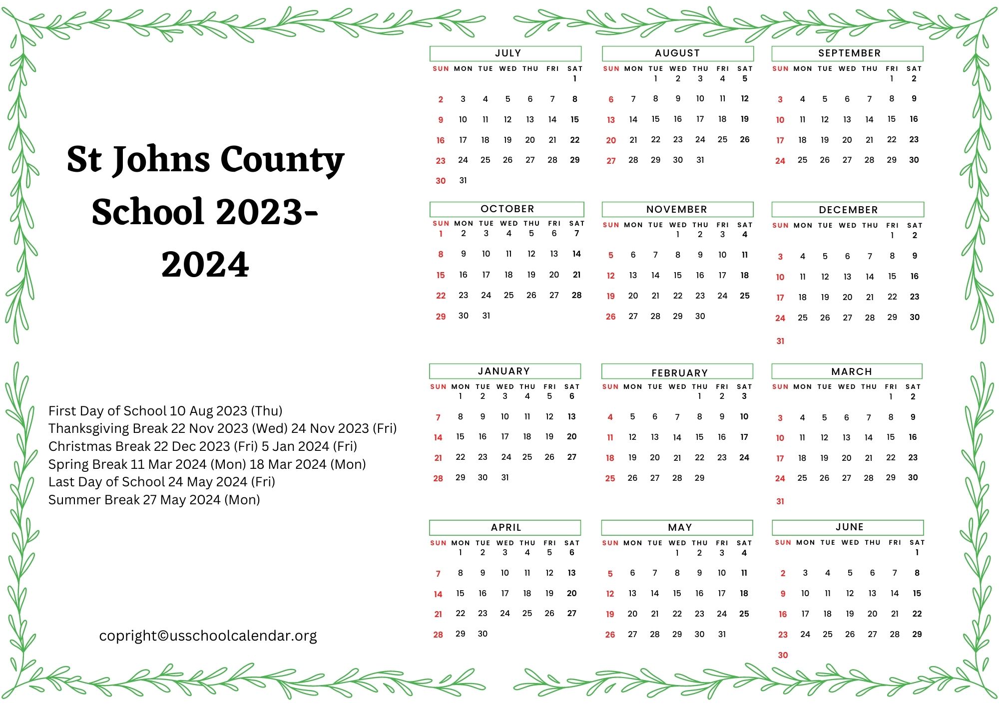 St Johns County School Calendar with Holidays 2023 2024