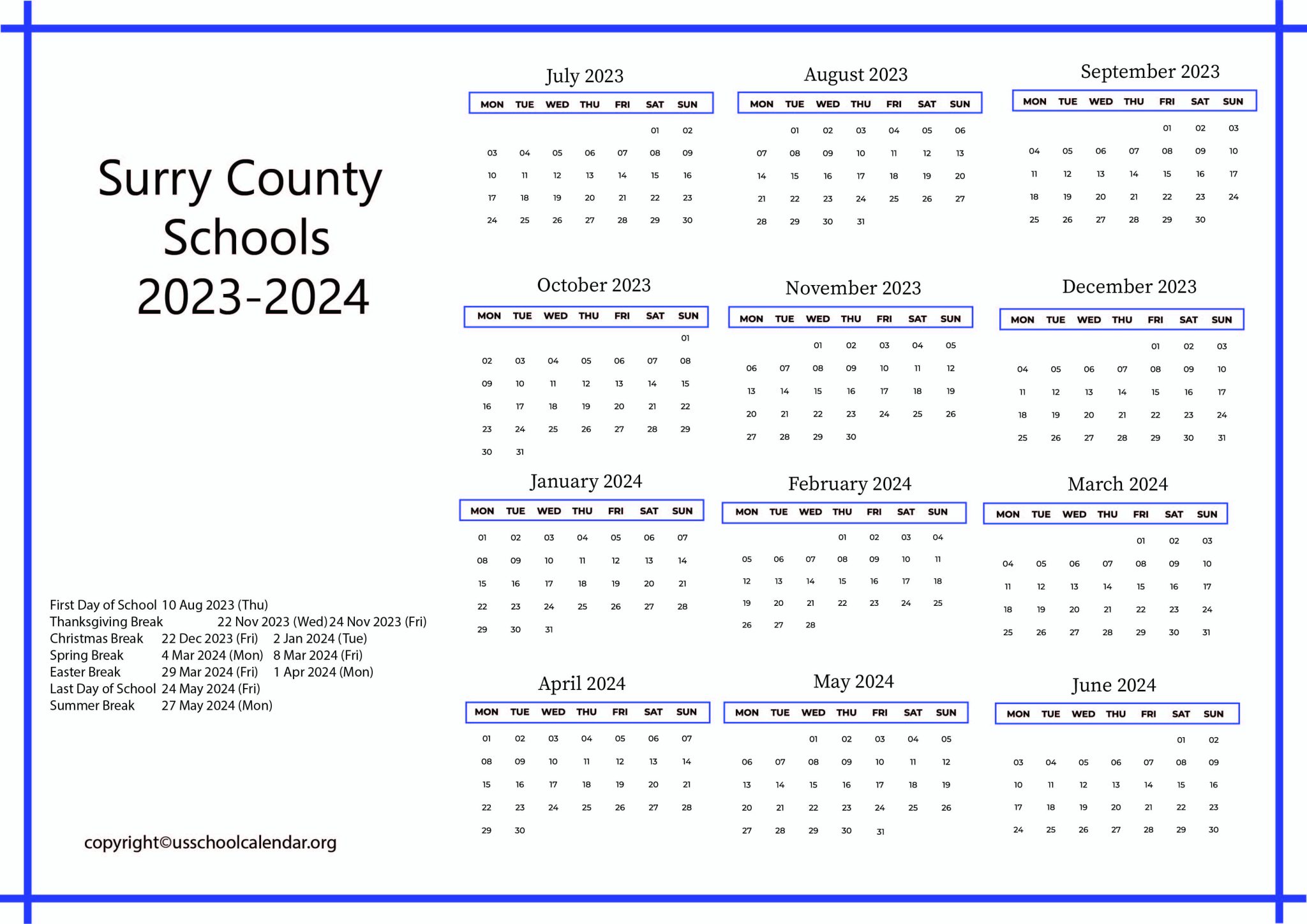 Surry County Schools Calendar with Holidays 20232024