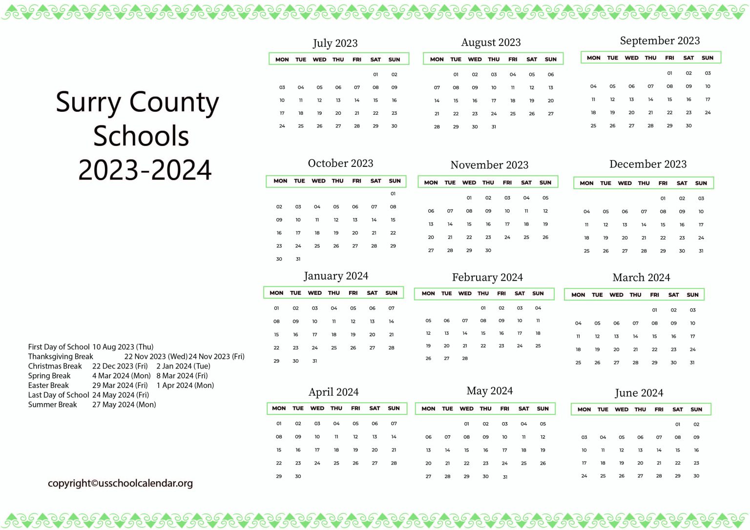 Surry County Schools Calendar with Holidays 20232024