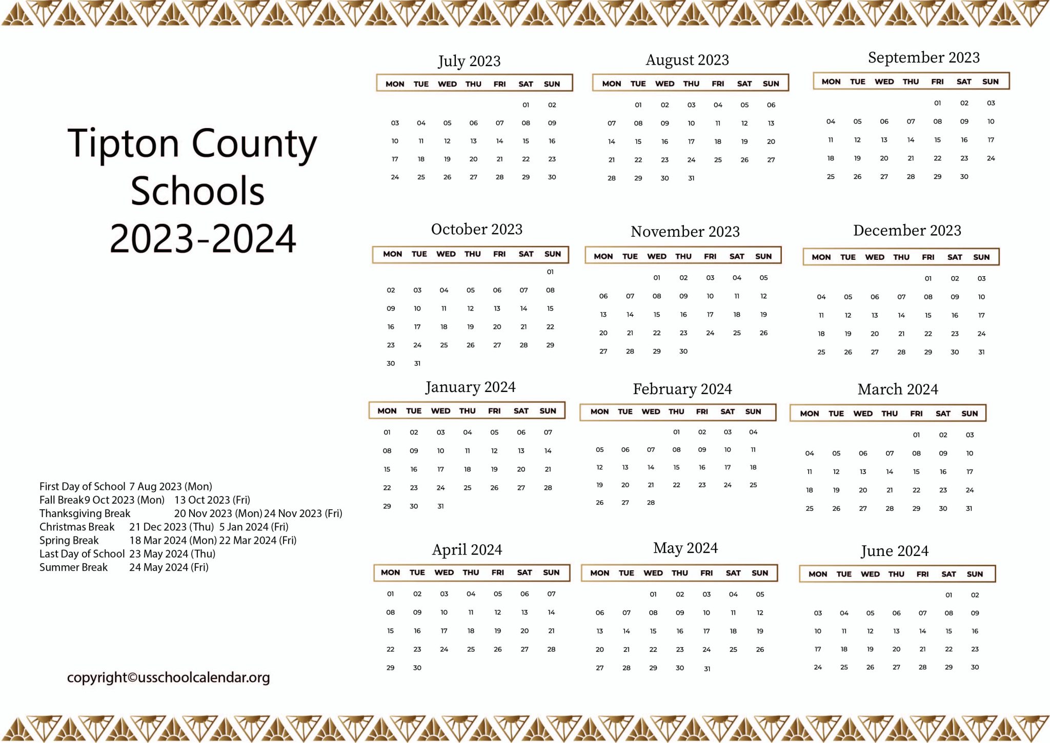 Tipton County Schools Calendar with Holidays 20232024