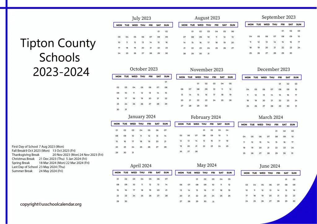 Tipton County Schools Holiday Calendar
