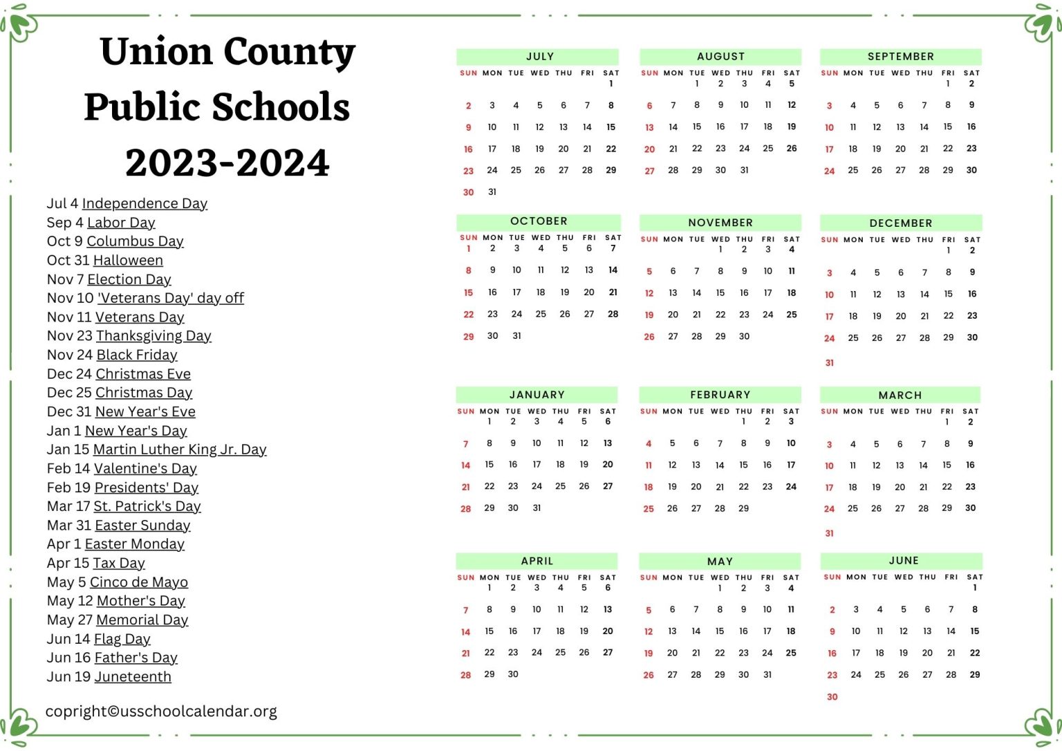 Union County Public Schools Calendar with Holidays 20232024