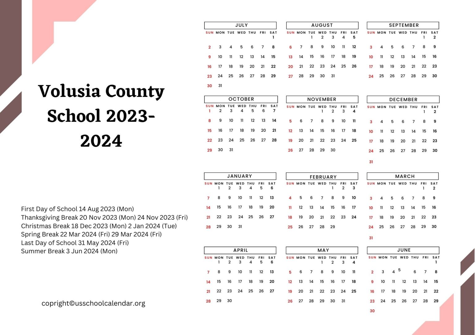 Volusia County School Calendar with Holidays 20232024