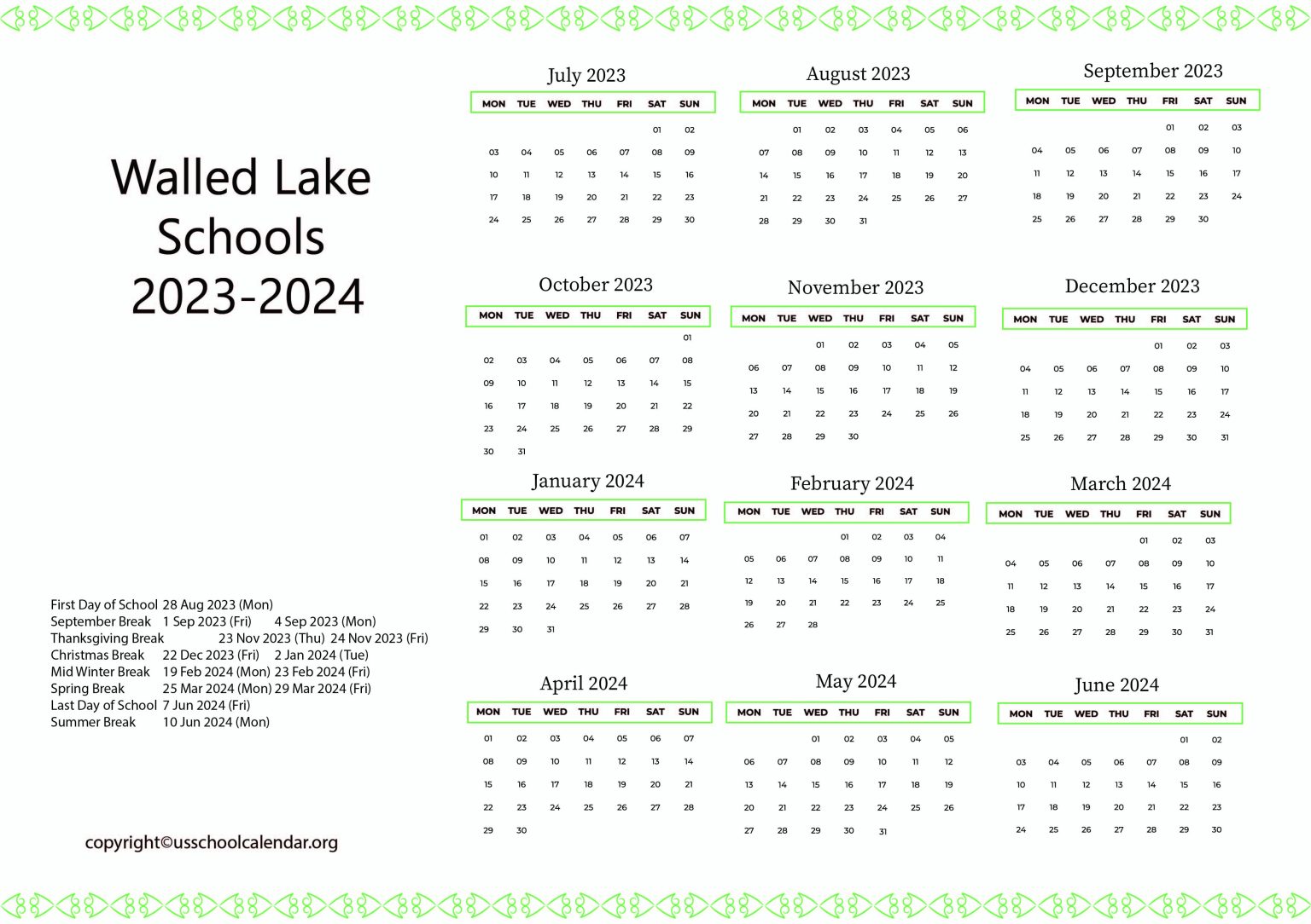 Walled Lake Schools Calendar with Holidays 20232024