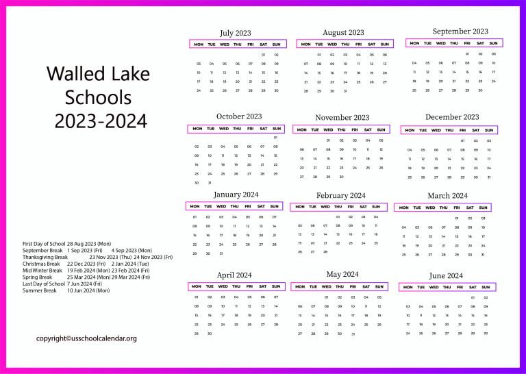 Walled Lake Schools Calendar with Holidays 2023 2024