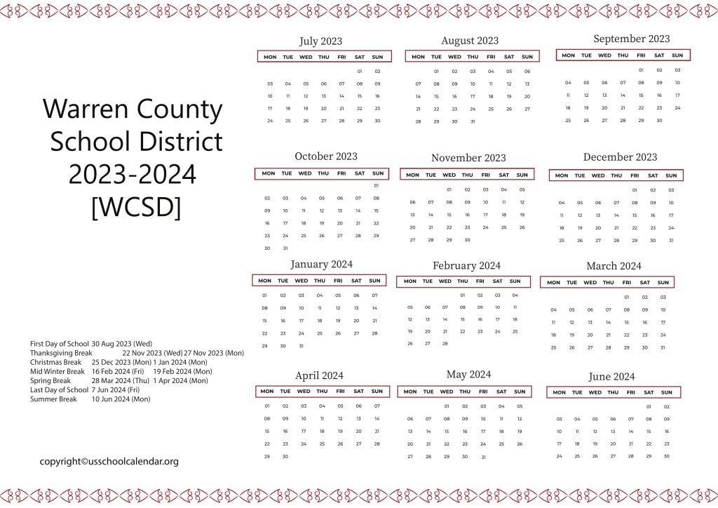 Warren County School District Calendar for 2023 2024 WCSD