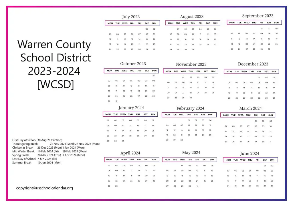 Warren County School District Calendar
