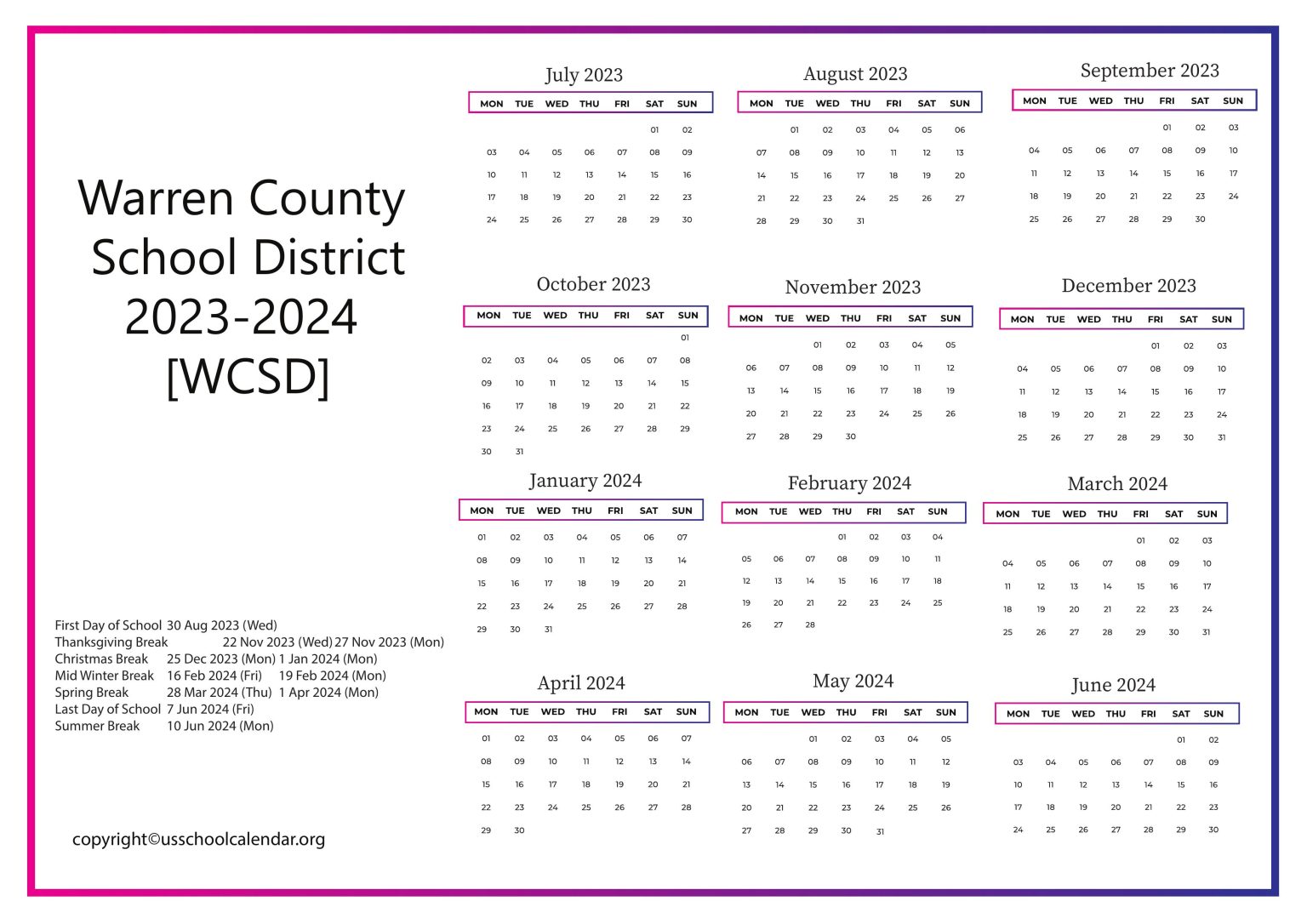 Warren County School District Calendar for 20232024 [WCSD]