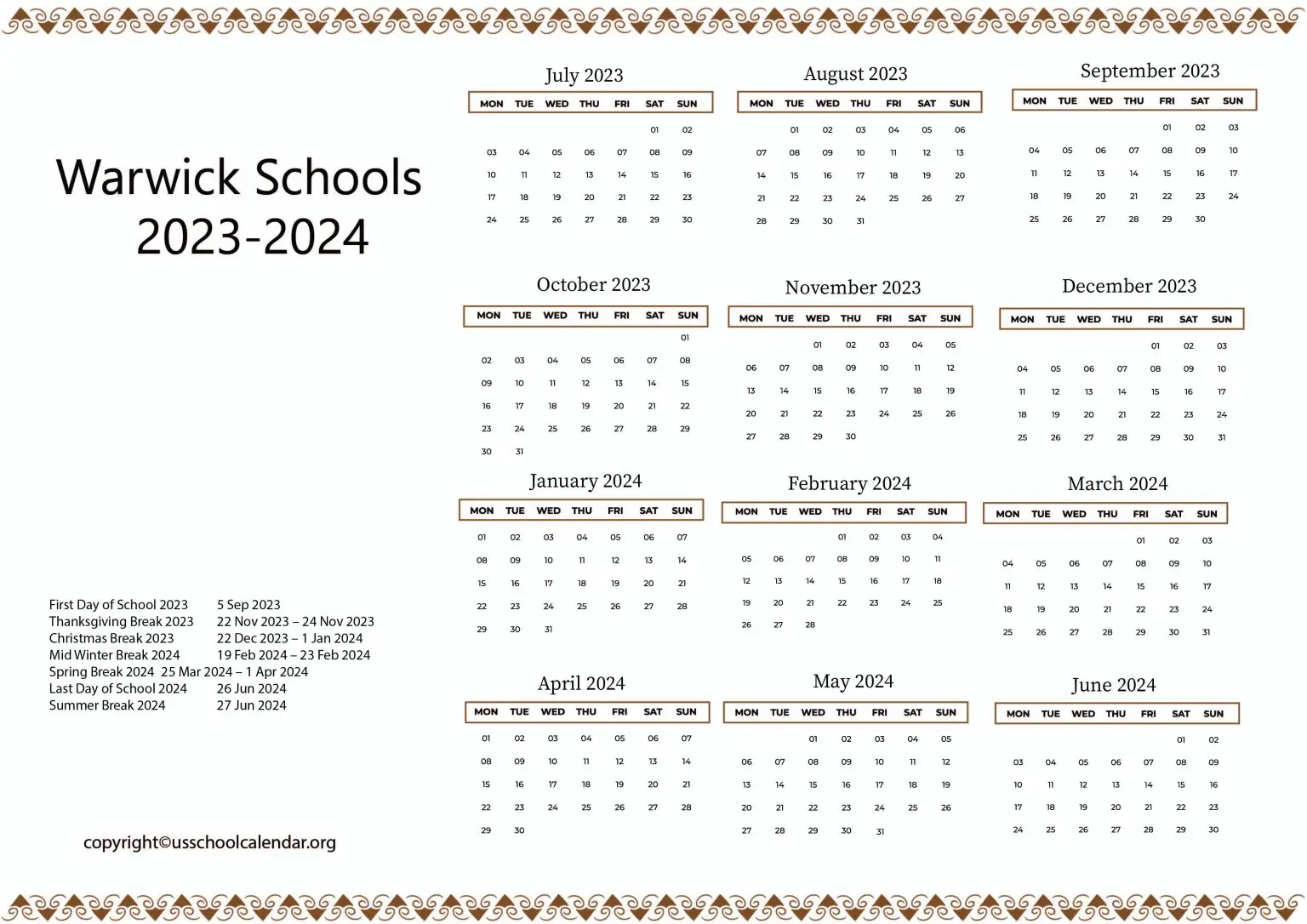 Warwick Schools Calendar with Holidays 20232024