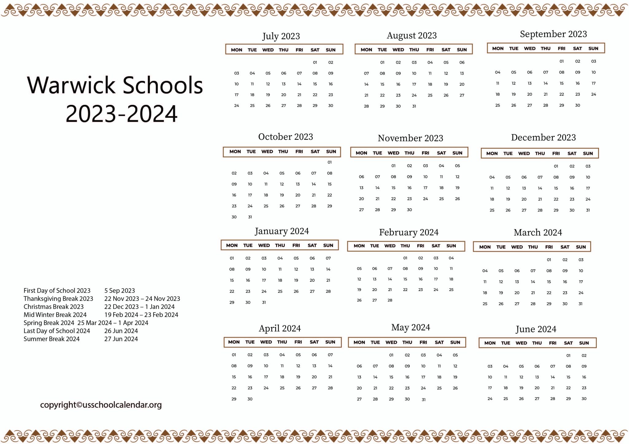 Warwick Schools Calendar with Holidays 20232024