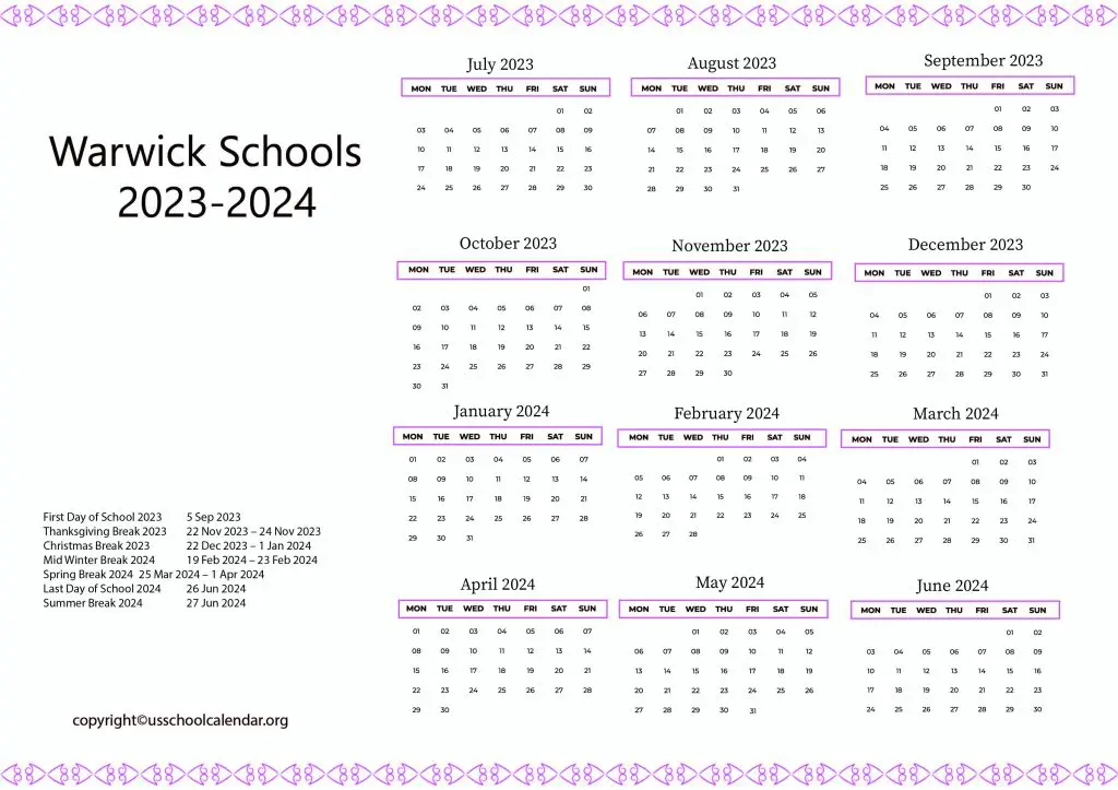 Warwick Schools Calendar